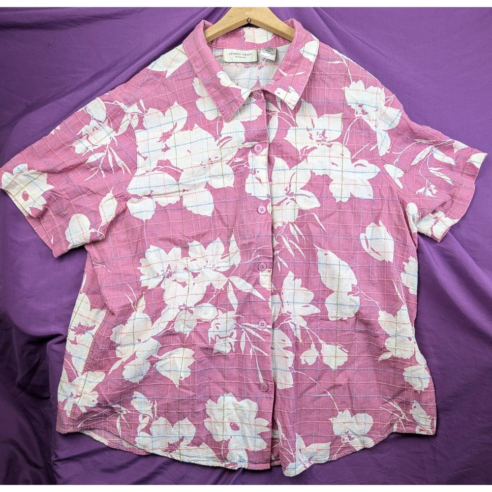 Lemon Grass 100% Cotton Pink Floral Short-Sleeve Button-Down Shirt 20W Hawaiian